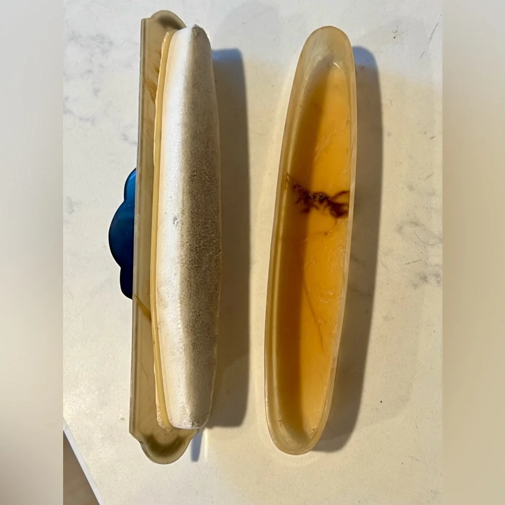 Vintage Gold / Brown Celluloid Vanity/Dresser Set 8 Pieces, powder box, scissors